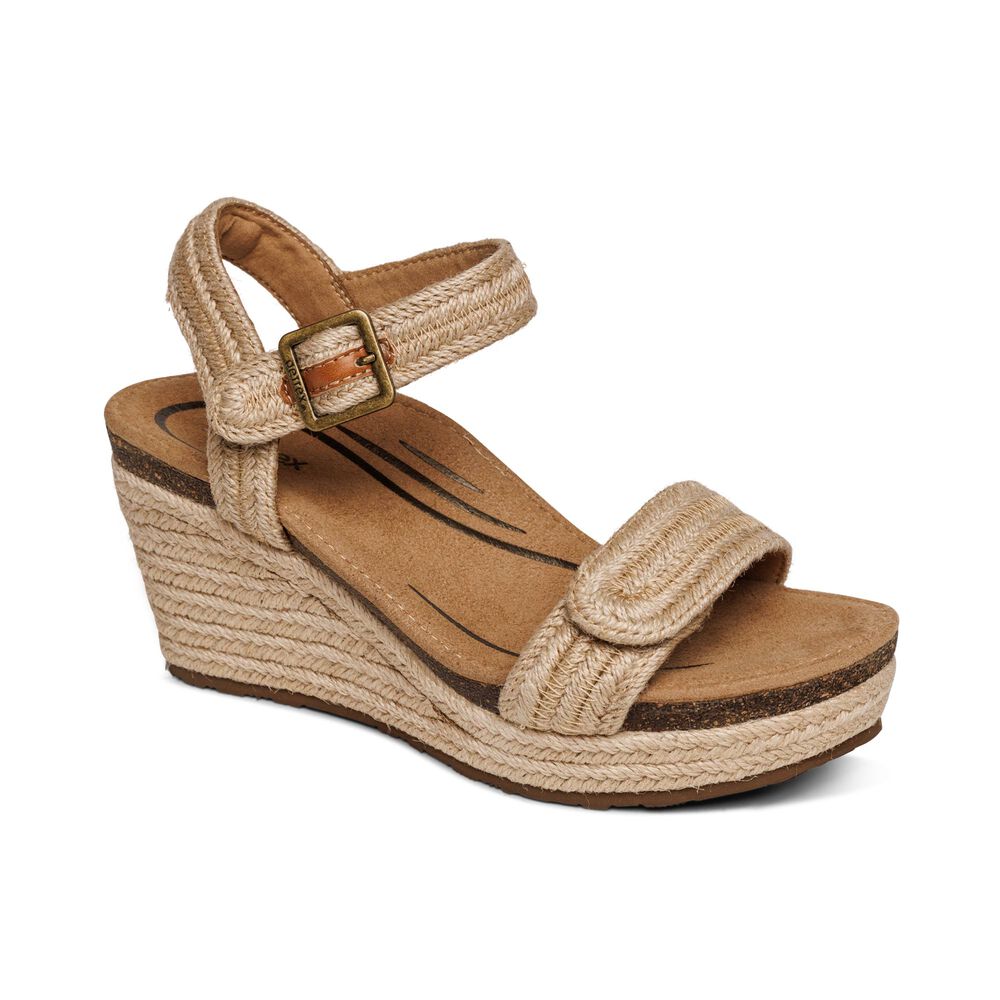 Aetrex Women's Sydney Quarter Strap Espadrille Wedge Sandals - Natural | USA RFDDOVY